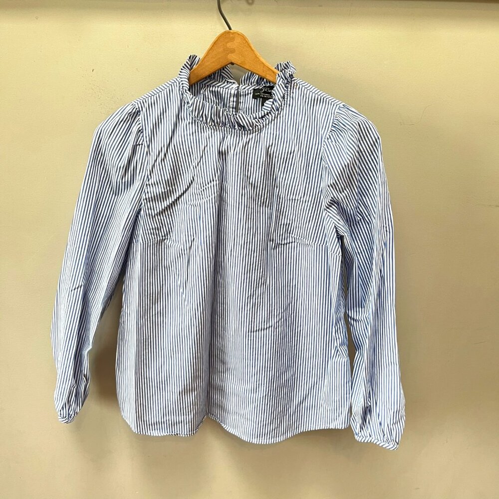 J.‎ Crew Long Sleeve Ruffle Neck Organic Cotton Top in Striped Pattern- Sz. S